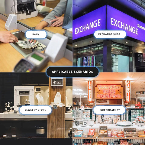 Bank Grade Money Counter For Mixed Denominations With Printer Enabled shown in bank, exchange, jewelry store, supermarket settings.