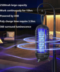 2 In 1 Cordless Bug Zapper Outdoor Rechargeable Mosquito Killer Lamp hanging on stand with blue UV light in backyard