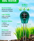 3-in-1 soil tester displaying moisture, light, and pH readings with sensors in soil, blue sky background.