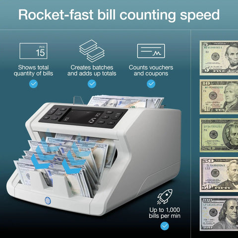 Beast Money Counter Machine With Counterfeit Detection counts bills with LCD, 300-bill hopper, displays vouchers and speed.