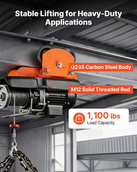 Beefy Electric Hoist Trolley Kit, 1100 Lb Capacity shown with Q235 steel body and M12 threaded rod in warehouse setup