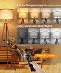 Wood Tripod Floor Lamp With Shelves, Dimmable LED Modern Floor Lamp, 4 Color Temperatures, remote control in living room