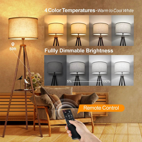 Wood Tripod Floor Lamp With Shelves, Dimmable LED Modern Floor Lamp, 4 Color Temperatures, remote control in living room