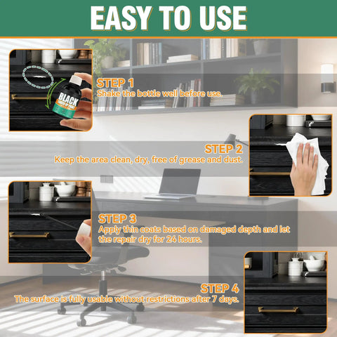 Instructional steps showing how to use Black Touch Up Paint Pen for Multi Surface Repairs Odorless 1.69 Fl Oz Semi Gloss Finish