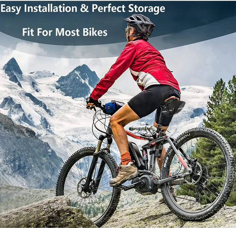 Cyclist with Grab And Go All In One Bike Repair Kit With Mini Pump Under Seat Bag And Tail Light on mountain trail