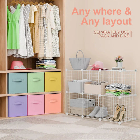 Six Cube Storage Organizer With Fabric Bins And Wire Grid Shelves Stackable Modular Units For Bedroom Living Room And Office Go To For Toys Books And Clothes Foldable Bins With Handles In Fresh White displayed in a closet with colorful bins.