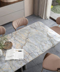 Blue Gold Marble Contact Paper 31.5x157 In Peel And Stick Vinyl Wallpaper for table surface with glossy marble finish in dining area