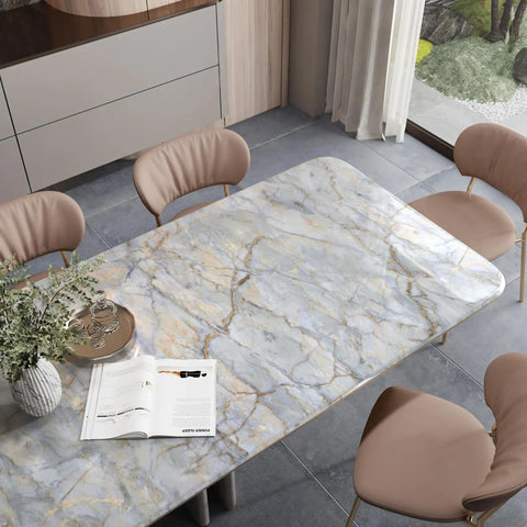 Blue Gold Marble Contact Paper 31.5x157 In Peel And Stick Vinyl Wallpaper for table surface with glossy marble finish in dining area