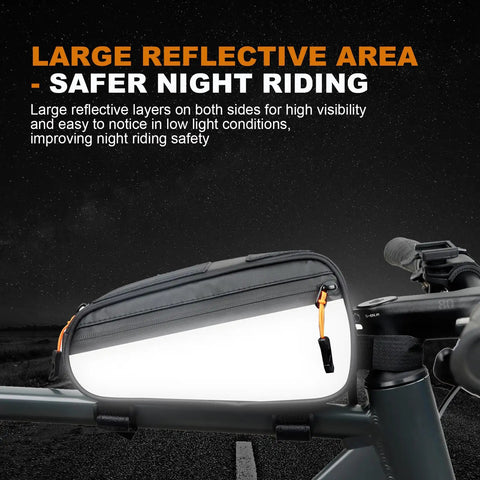 Reflective bike frame bag mounted on bike, featuring large reflective area for safer night riding.