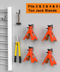 Jack stand wall-mount organizer displaying four orange steel jack stands (2–6 ton)