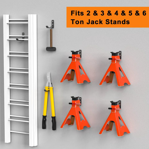 Jack stand wall-mount organizer displaying four orange steel jack stands (2–6 ton)