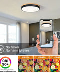 Modern Wood LED Ceiling Light Fixture With Gray Flush Mount Round Ceiling Lamp Non Dimmable 4000K Bright White shown in bedroom
