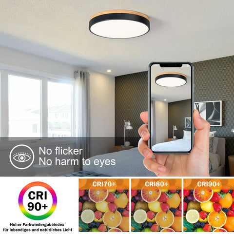 Modern Wood LED Ceiling Light Fixture With Gray Flush Mount Round Ceiling Lamp Non Dimmable 4000K Bright White shown in bedroom