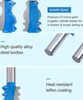 Close-up of Pro Grade 2 Piece Architectural Molding Router Bit Set with tungsten carbide blades and alloy steel bodies.