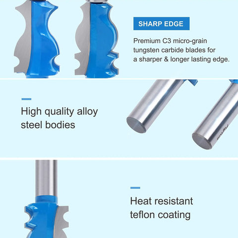 Close-up of Pro Grade 2 Piece Architectural Molding Router Bit Set with tungsten carbide blades and alloy steel bodies.