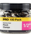 Half Inch Stainless Steel PEX Barb Pinch Clamps 100 Count Pro Pack In Jar Corrosion Resistant Plumbing Clamp Set