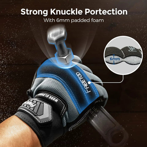 Heavy Duty Mechanic Work Gloves With 8mm Padded Knuckles And Synthetic Leather Palm, showcasing knuckle protection design