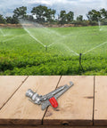 2 Inch Irrigation Sprinkler With 360 Degree Spray Coverage For Big Lawns And Crops, Aluminum Alloy Heavy Duty Sprayer Head shown on field