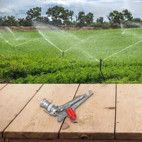2 Inch Irrigation Sprinkler With 360 Degree Spray Coverage For Big Lawns And Crops, Aluminum Alloy Heavy Duty Sprayer Head shown on field