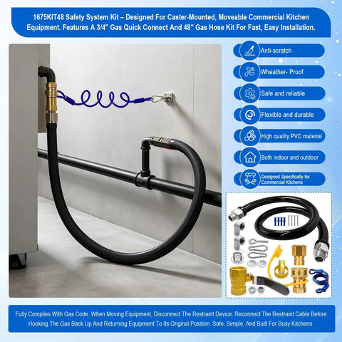 Rock Solid 48 Inch Commercial Gas Hose Connector Kit With 3/4 Quick Disconnect And Full Port Shut Off Valve For Chefs And Restaurants Featuring Reliable Restraint Cable installed in a kitchen.