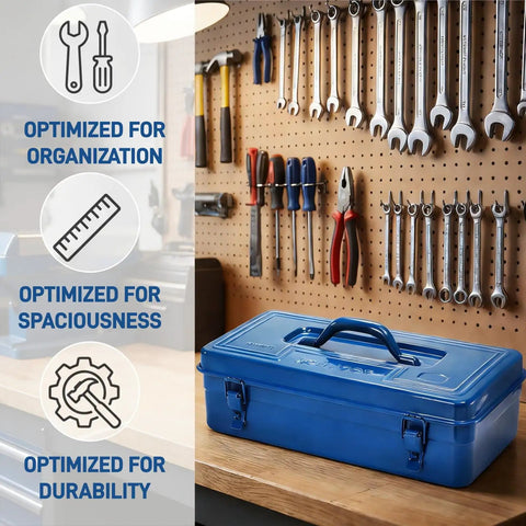 Blue Portable Steel Toolbox 16 Inch With Double Latch Closure And Easy Carry Handle in workshop setting