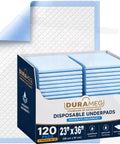 Heavy Duty Disposable Underpads 23X36 Inch 120 Pack With Sap Absorbency For Incontinence Or Puppy Training Waterproof Leak Proof Bed Pads To Keep Your Mattress And Furniture Bone Dry For Adults in a box with blue pads visible.