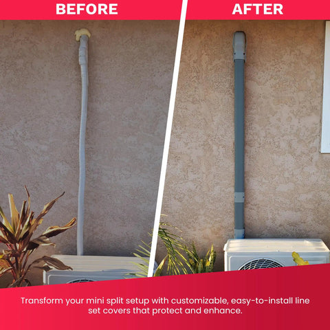 Before and after using Paintable Gray Lineset Cover Kit For Ductless Mini Split AC System showing sleek, clean installation.