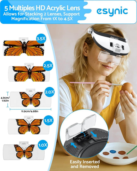 Person using Head Magnifier With LED Light For DIYers Up To 6X Magnification With 5 Interchangeable Lenses From 1X To 3.5X Eight Color LED