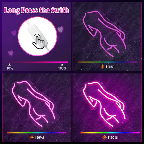 Pink Lady Back Neon Sign LED Wall Decor USB Powered For Bedroom Bar Living Room Party Vibe Brightness Adjustable Neon Light Art With Easy Mount And Night Glow Ambiance showcasing adjustable brightness settings.