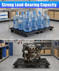 Eight Pack Plastic Pallets For Storage With Ventilated Raised Grid Surface holding water bottles and engine in garage