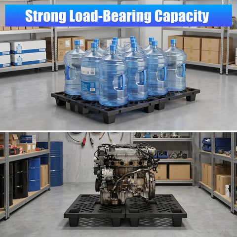 Eight Pack Plastic Pallets For Storage With Ventilated Raised Grid Surface holding water bottles and engine in garage