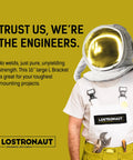 Astronaut in toolbelt promoting heavy duty 16 inch L bracket shelf support for floating shelves countertops wall mounts installations.