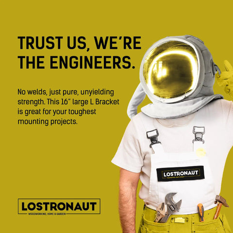 Astronaut in toolbelt promoting heavy duty 16 inch L bracket shelf support for floating shelves countertops wall mounts installations.