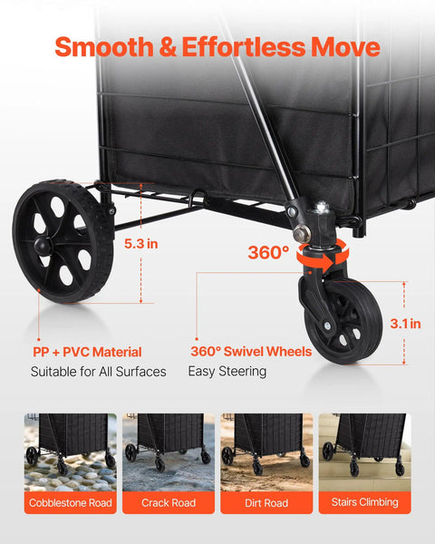 Close-up of wheels and liner on Folding Shopping Cart With Dual Baskets And Waterproof Liner Workhorse Cart With Wheels 100 lb Load Capacity