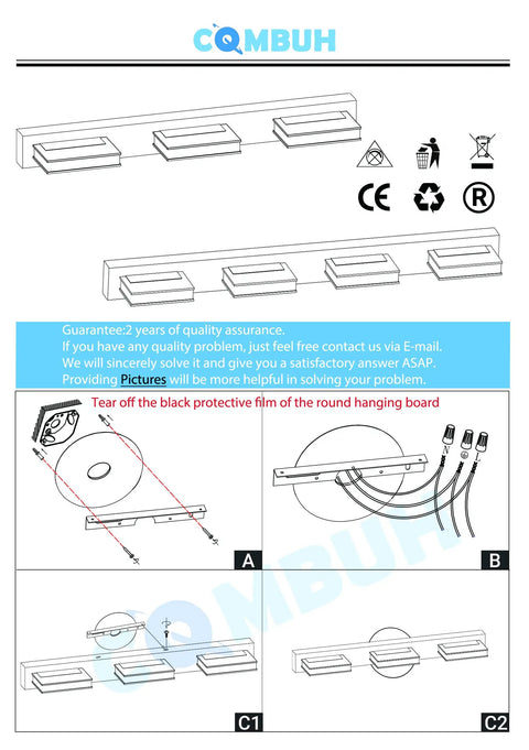 Illustrated installation guide for Led Bathroom Vanity Light Three Lights Chrome Wall Lamp IP44 20 Inch 12W Over Mirror.