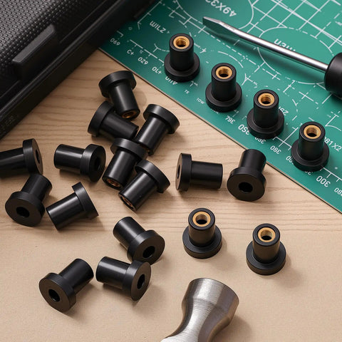 Heavy Duty Rubber Well Nuts With Solid Brass Sleeve Inserts, 1/4 20 X 3/4 Inch Length, 40 Pack on a workbench.