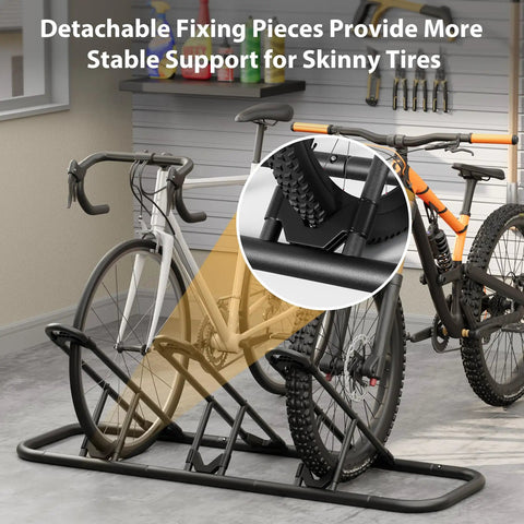 Bike Floor Storage Rack For Garage And Outdoor Parking, Sturdy Steel Stand With 3 Slot Wheel Holders, shown with bikes