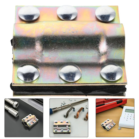 Universal Pipe Repair Clamp Leak Sealer Kit showing golden DN25 steel clamp with screws for home plumbing