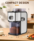 Ollygrin Flat Burr Coffee Grinder With Adjustable Grind Settings For Espresso French Press Capsule. Compact Electric Bean Mill dimensions showing 9.25in height.