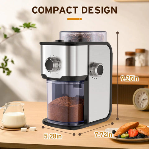 Ollygrin Flat Burr Coffee Grinder With Adjustable Grind Settings For Espresso French Press Capsule. Compact Electric Bean Mill dimensions showing 9.25in height.