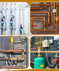 Four-pack brass automatic float valve setup in HVAC system with three-quarter inch NPT threads for hot water radiators and boilers.