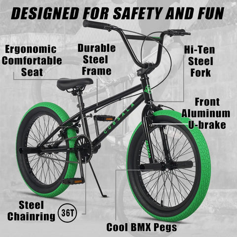 Freestyle BMX Bike For Kids 20 Inch Beginner Friendly Bicycle For Ages 7 To 13 With Durable Hi Ten Steel Frame Black With Green Tires