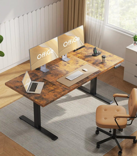 71 Inch Electric Standing Desk With Height Adjustable Sit Stand System Built In Power Outlet 3 Piece Desktop 1.38 Inch Thick Rustic Brown