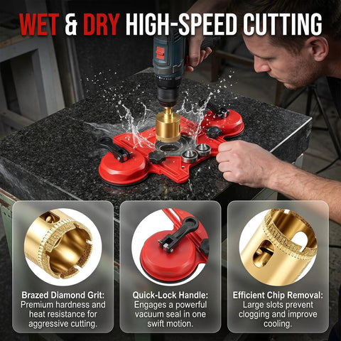 Coated Tile Hole Saw Kit With Dual Suction Cup Guide, 10-Piece Diamond Drill Bit Set in use for wet granite cutting