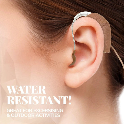Close-up of a Rugged Hearing Aid Sleeve Protector With Clip Corded Fabric Cover Keeps Your Hearing Aids Clean From Dirt Dust Sweat And Moisture While Slashing Wind Noise And Prevents Lost Gear Fits Most BTE Devices In 1 Inch 1.25 Inch And 2 Inch Sizes installed on ear, water resistant cover.