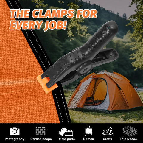 Spring clamp, black plastic with orange jaw tip, 4.5-inch, for photography and crafts