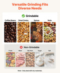 Infographic showing grindable and non-grindable items for Electric Grain Mill Grinder 750g Capacity High Speed 2000W Commercial Pulverizer.