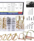 Top view of 254 Piece Mixed Lynch And Clevis Pins Set With 5 Styles Of Pin Fasteners for mechanics and vehicles in an open case