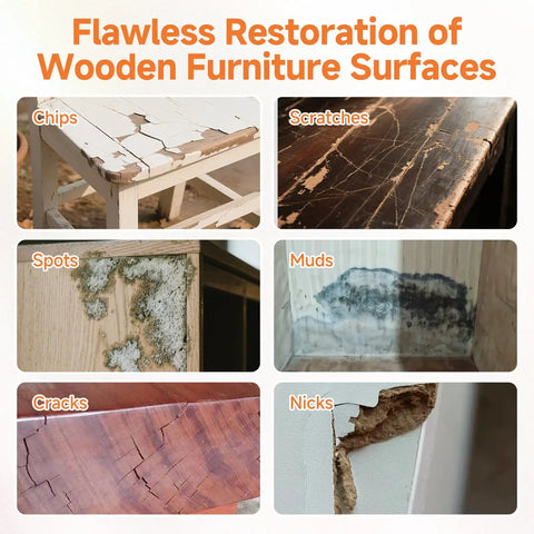 Examples of chips, scratches, spots, mud, cracks, and nicks on wooden furniture surfaces before using Wood Touch Up Paint 1.5 Oz Quick Dry White For Furniture Repair Easy Diy Fix For Scratches Chips And Spots On Cabinets Doors Tables Kitchens And Dressers With Built In Brush