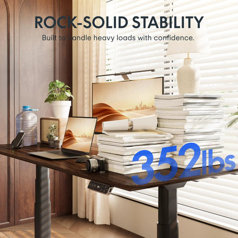 Straight Up Premium Motorized Height Adjustable Standing Desk With Heavy Duty Matte Black Frame And Legit Solid North American Black Walnut Desktop For Serious Daily Workspace Flex showing strong stability under 352 lbs load.